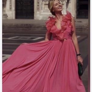 Giambattista Valli for H&M 2019 ruffle pink silk maxi Coral GOWN Dress 10 US
